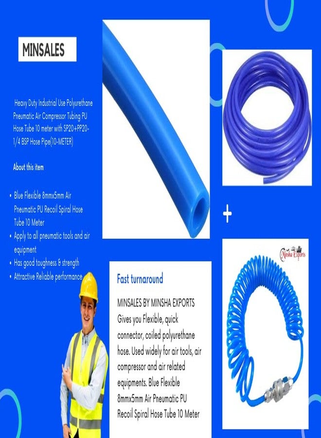 MINSALES ® Heavy Duty Industrial Use Polyurethane Pneumatic Air Compressor Tubing PU Hose Tube 10 meter with SP20+PP20-1/4 BSP Hose Pipe (Blue) (10METER) - Image 3